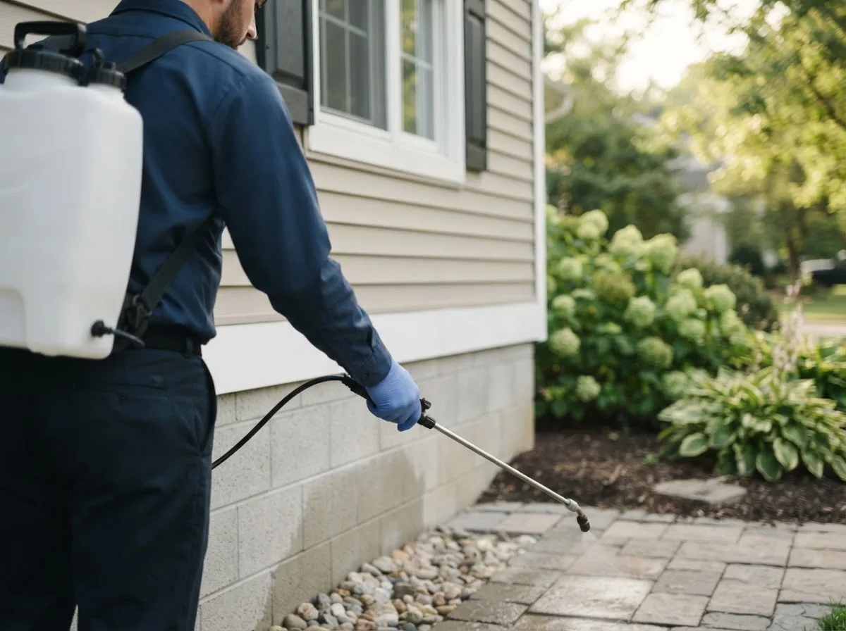 Pest control technician inspecting a home in Perryville, AR